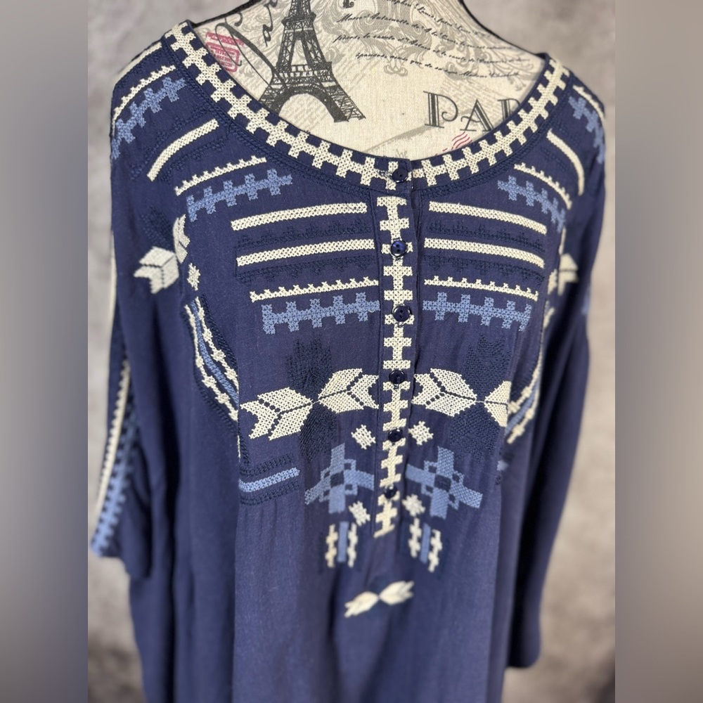 Monoreno Navy Boho Chic Tunic with Geometric Embroidery Linen Blend Size L - Picture 3 of 12